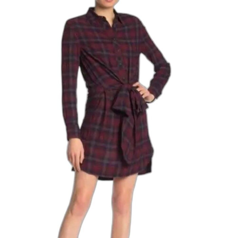 Rag & Bone Women's Burgundy Navy Plaid Wool-Blend Mini Shirt Dress Size M